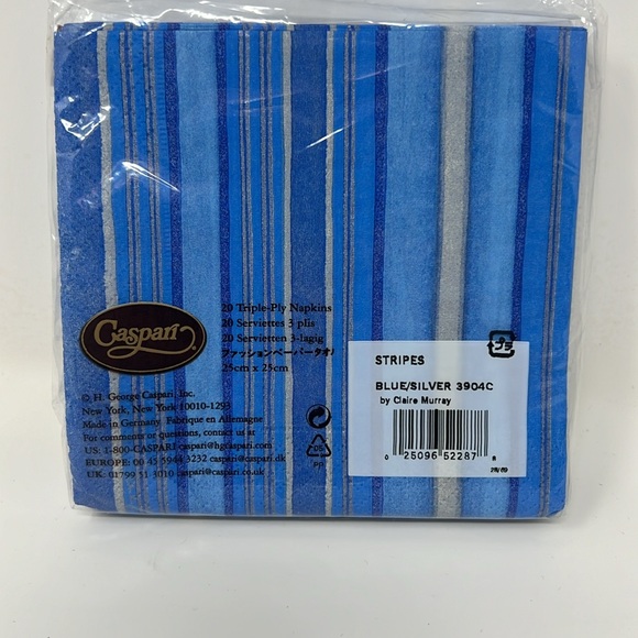 NWT Caspari Triple-ply Cocktail Napkins, Blue & Silver Striped,20 count, 5” x 5” - Picture 2 of 2